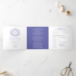 Invitation Trois Volets Mariage bleu et blanc monogramme