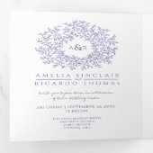 Invitation Trois Volets Mariage bleu et blanc monogramme (Intérieur en premier)