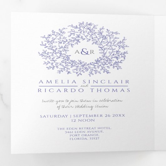 Invitation Trois Volets Mariage bleu et blanc monogramme (Intérieur en premier)