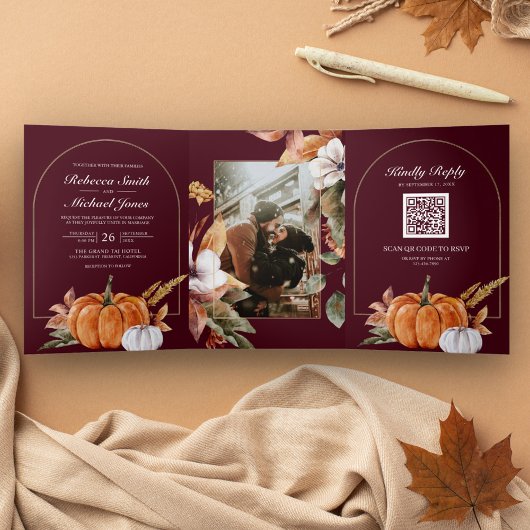 Invitation Trois Volets Mariage Bohème Champêtre Citrouille Code QR Bordea
