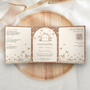 Invitation Trois Volets Mariage Bohème Crème Beige Fleur Sauvage Papillon
