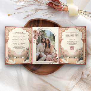 Invitation Trois Volets Mariage Bohème Rustique Floral Indien Cygne