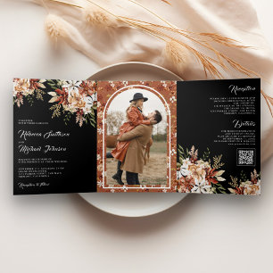 Invitation Trois Volets Mariage Bohème Terracotta Floral Fleur Sauvage Noi