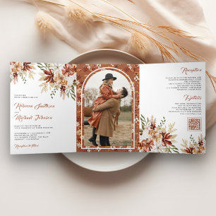 Invitation Trois Volets Mariage Bohème Terre Cuite Fleur Blanc