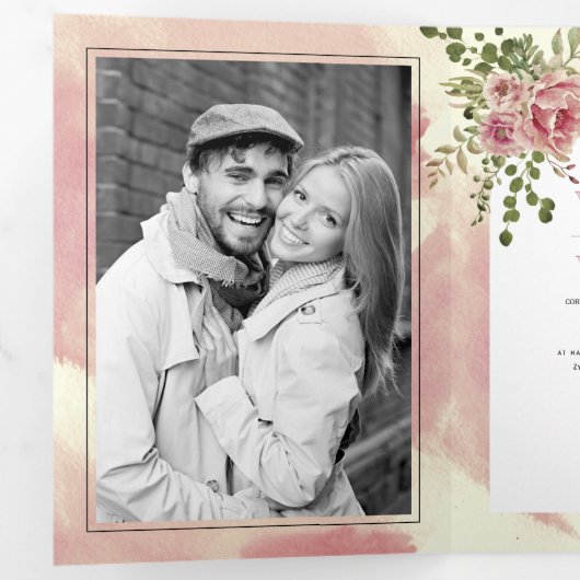 Invitation Trois Volets Mariage boho fleuri rose Dusty (Intérieur en premier)
