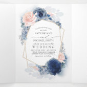 Invitation Trois Volets Mariage botanique bleu et rose (Intérieur au milieu)