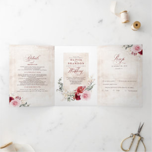 Invitation Trois Volets Mariage botanique botanique de Bourgogne rouge