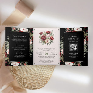 Invitation Trois Volets Mariage Bourguignon Fleurs Roses Noir Humeur