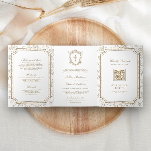 Invitation Trois Volets Mariage Catholique avec Code QR de style Victorien