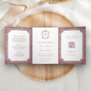 Invitation Trois Volets Mariage Catholique Code QR Rose Poussiéreuse Victo