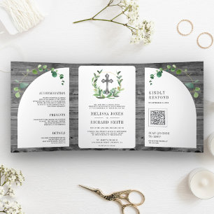 Invitation Trois Volets Mariage catholique croix en bois gris eucalyptus
