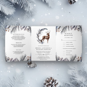 Invitation Trois Volets Mariage Cerf Forêt Feuilles de Pin Givrées Rustiqu