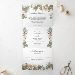 Invitation Trois Volets Mariage Chic Boho Orchidées et Feuilles Tropicales