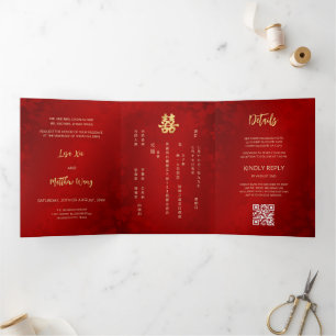 Invitation Trois Volets MARIAGE chinois BILINGUAL Red Gold