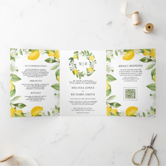 Invitation Trois Volets Mariage Citron Verger Citrus Rustique Code QR (Intérieur)