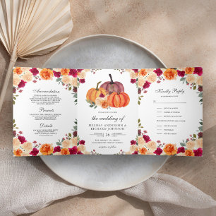Invitation Trois Volets Mariage Citrouille Floral Orange Brûlé et Bourgogn