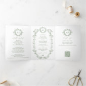 Invitation Trois Volets Mariage classique à code QR floral français vert s (Intérieur)