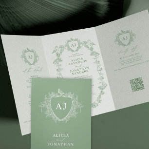 Invitation Trois Volets Mariage classique à code QR floral français vert s