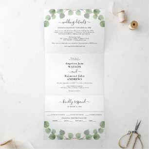 Invitation Trois Volets Mariage Classique Aquarelle Eucalyptus & Or