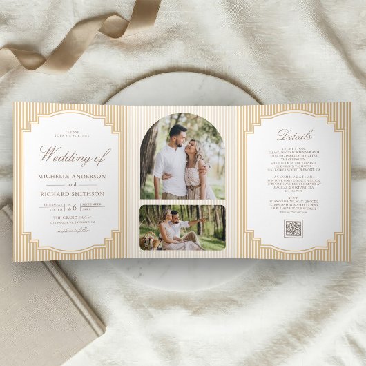 Invitation Trois Volets Mariage classique avec code QR photo rayé beige