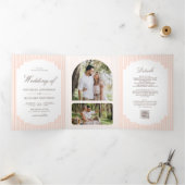 Invitation Trois Volets Mariage Classique avec Code QR Photo Rayé Pastel (Intérieur)
