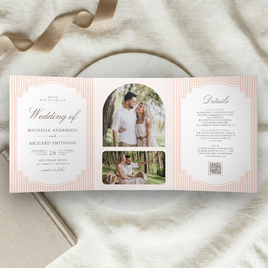 Invitation Trois Volets Mariage Classique avec Code QR Photo Rayé Pastel