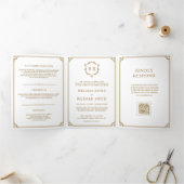 Invitation Trois Volets Mariage Classique Code QR Monogramme Blanc et Or (Intérieur)
