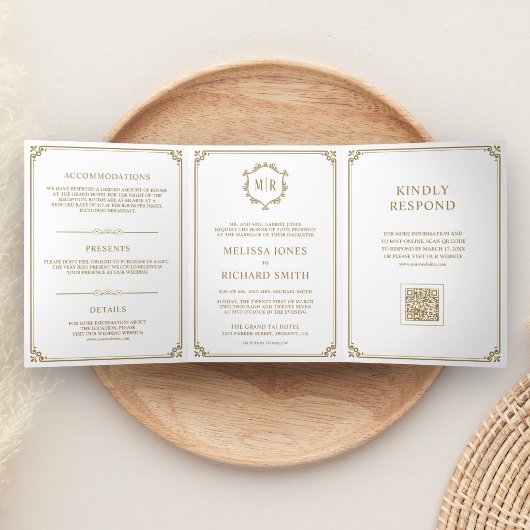Invitation Trois Volets Mariage Classique Code QR Monogramme Blanc et Or