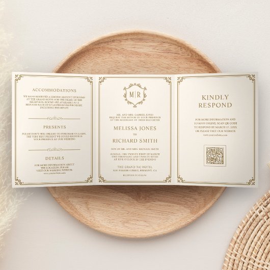Invitation Trois Volets Mariage classique crème et or avec code QR Monogra
