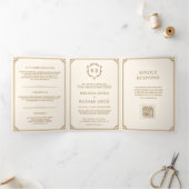 Invitation Trois Volets Mariage classique crème et or avec code QR Monogra (Intérieur)