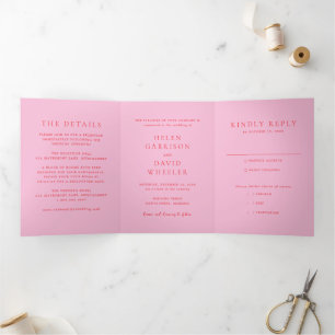 Invitation Trois Volets Mariage Classique Élégant Rose et Rouge