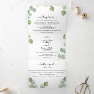 Invitation Trois Volets Mariage Classique Eucalyptus et Or