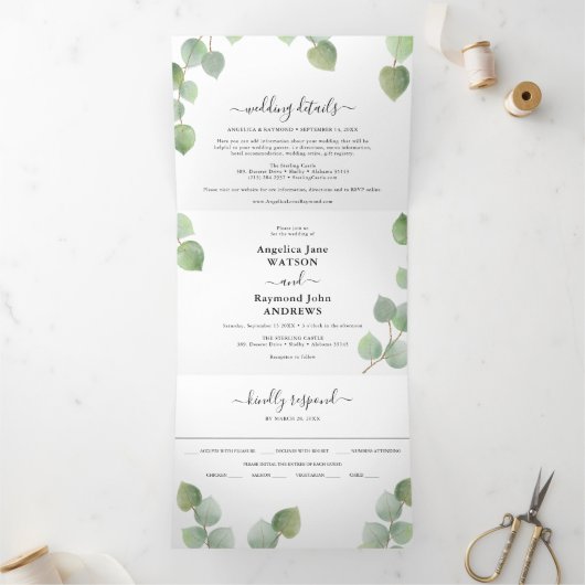 Invitation Trois Volets Mariage Classique Eucalyptus et Or (Intérieur)