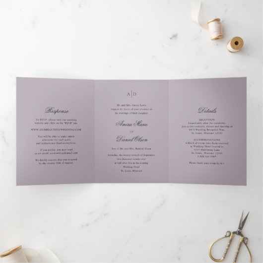 Invitation Trois Volets Mariage Classique Lilas Clair (Intérieur)