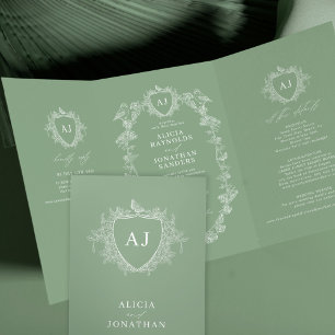 Invitation Trois Volets Mariage classique vert sauge floral français code
