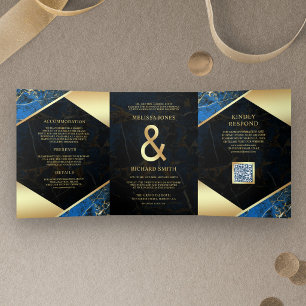 Invitation Trois Volets Mariage Code QR Ampersand Marbre Or Bleu Royal