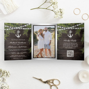 Invitation Trois Volets Mariage Code QR Ancre Argent Palmier Tropical Bois