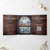 Invitation Trois Volets Mariage Code QR Ancre Bleu Marine Bois Rustique (Intérieur)