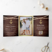 Invitation Trois Volets Mariage Code QR Ancre Dorée Bois Rustique Nautical (Intérieur)