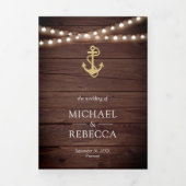 Invitation Trois Volets Mariage Code QR Ancre Dorée Bois Rustique Nautical (Page de couverture)