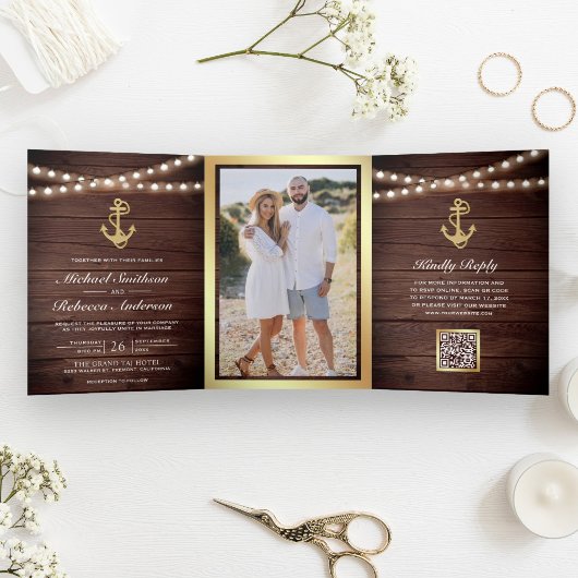 Invitation Trois Volets Mariage Code QR Ancre Dorée Bois Rustique Nautical