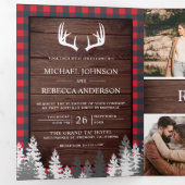 Invitation Trois Volets Mariage Code QR Antler Plaid Rouge Bois de Grange (Intérieur en premier)