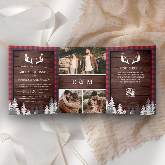 Invitation Trois Volets Mariage Code QR Antler Plaid Rouge Bois de Grange