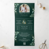 Invitation Trois Volets Mariage Code QR Arc de Eucalyptus Vert Emeraude (Intérieur)