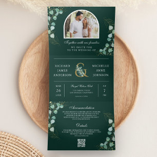 Invitation Trois Volets Mariage Code QR Arc de Eucalyptus Vert Emeraude