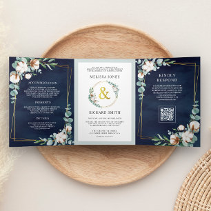 Invitation Trois Volets Mariage Code QR Bleu Nuit Eucalyptus Coton