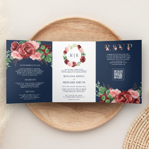 Invitation Trois Volets Mariage Code QR Bleu Nuit Floral Bourgogne Rose