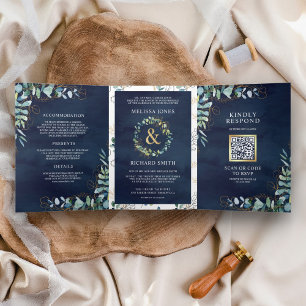Invitation Trois Volets Mariage Code QR Bleu Nuit Or Eucalyptus Rustique