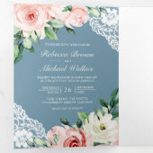 Invitation Trois Volets Mariage Code QR Bleu Poussiéreux Dentelle Fleurie (Intérieur en premier)