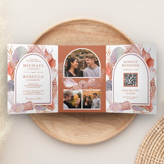 Invitation Trois Volets Mariage Code QR Bohème Rustique Nautilus